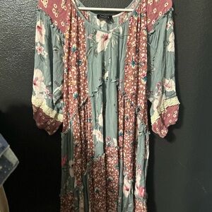 Floral Midi Dress in Green and Pink